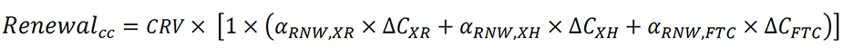 〖Renewal〗_cc=CRV× [1×(α_(RNW,XR)×〖∆C〗_XR+α_(RNW,XH)×〖∆C〗_XH+α_(RNW,FTC)×〖∆C〗_FTC )]