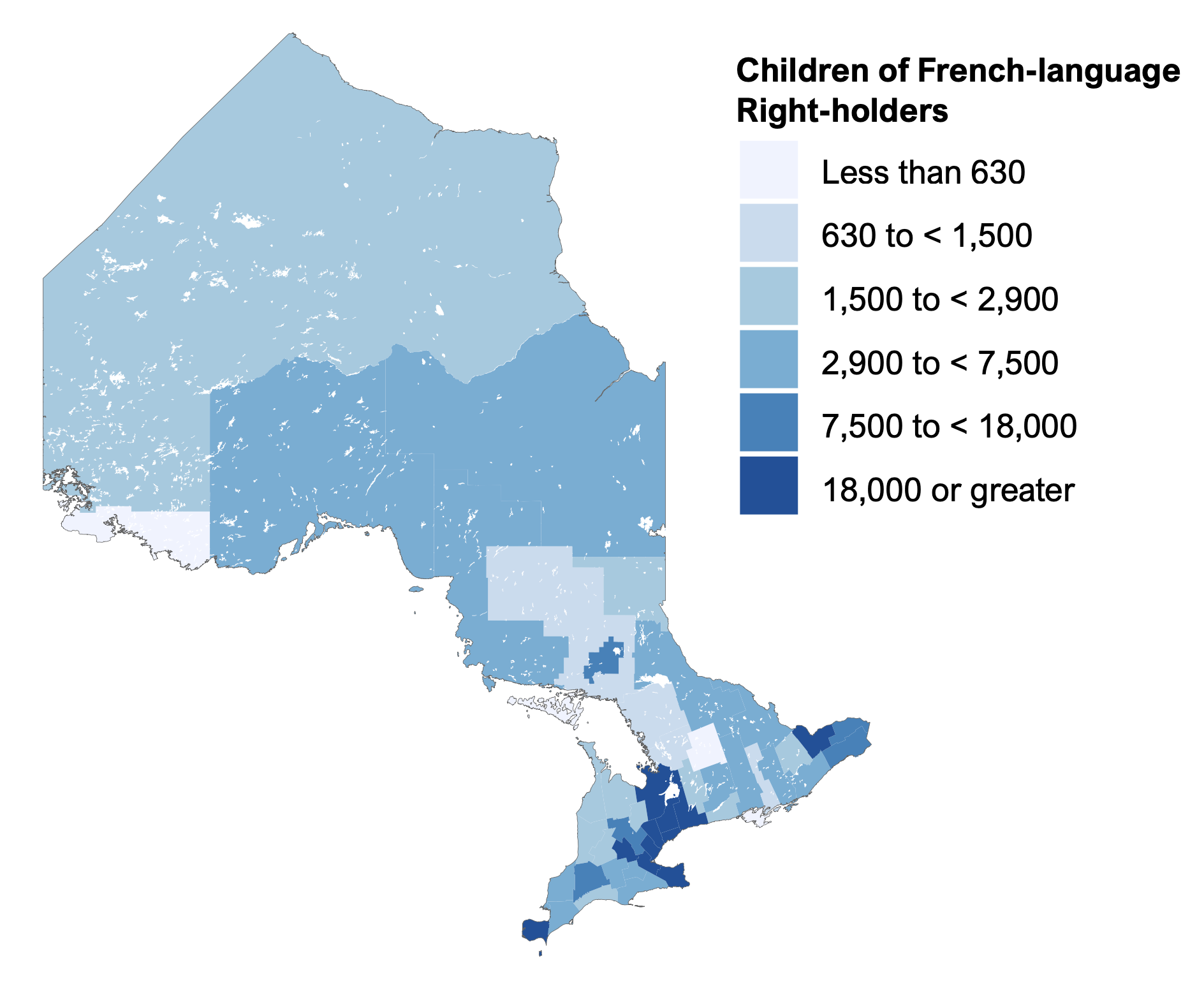 Figure 3.3 shows the number of children and youth whose parents are French-language rights-holders in each of Ontario’s 49 census divisions. The areas with the largest concentration of student-aged children and youth whose parents are French-language rights-holders are: Ottawa (55,250), Toronto (34,720), Peel (19,675), York (15,495), Essex (11,555), Prescott and Russell (10,925), and Greater Sudbury (10,775).