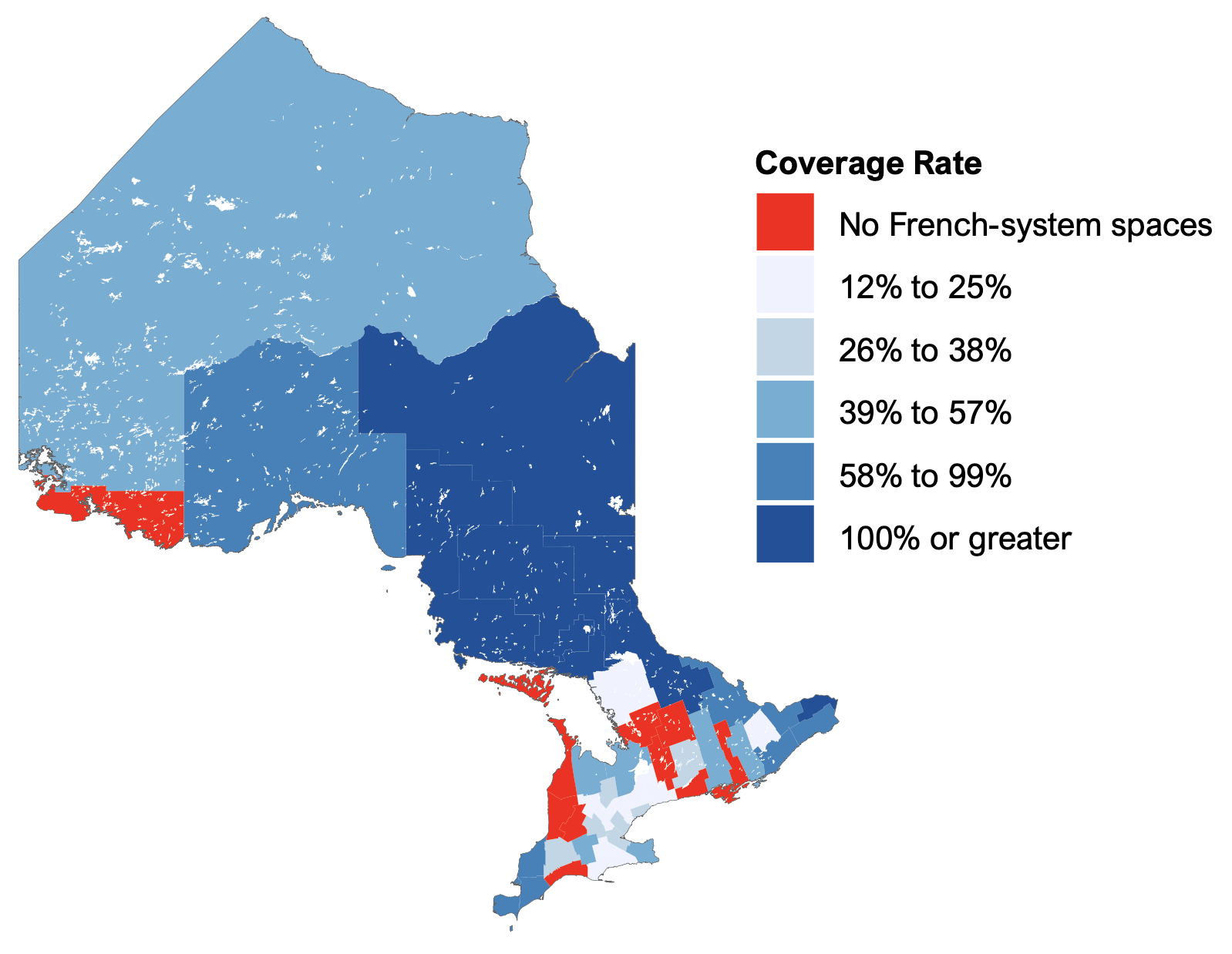 Figure 3.5 show the coverage rates for French-language school system spaces by census division for the 2021-22 school year. Of the Province’s 49 census division, 30 have a French-language rights-holder coverage ratio below 50 per cent, including 12 census divisions with no French-language schools at all. Most of these census divisions without French-language schools are in the Muskoka-Kawarthas and Stratford-Bruce Peninsula regions