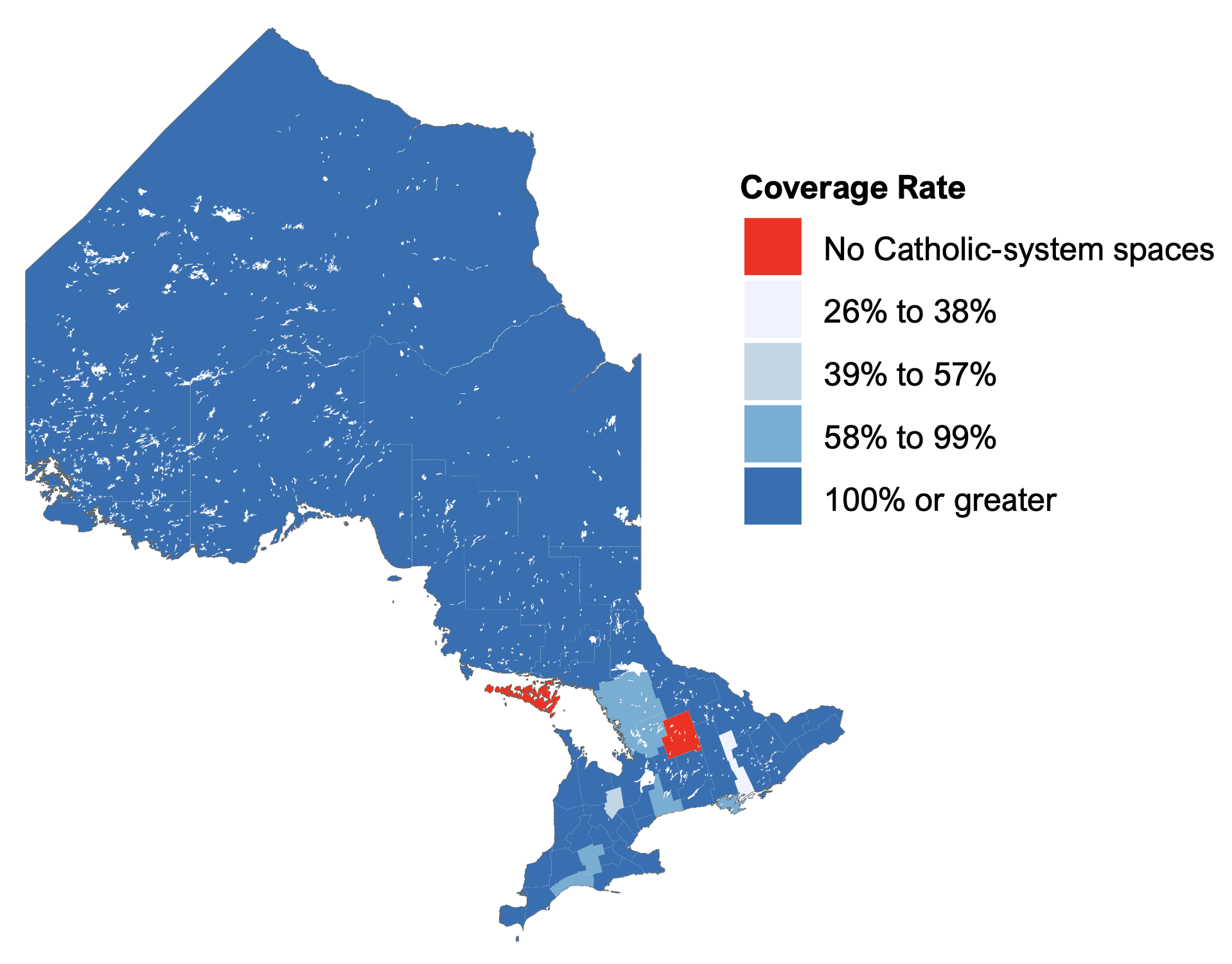 Figure 3.8 show the coverage rates for Catholic school system spaces by census division for the 2021-22 school year. Of the Province’s 49 census division, 38 have a Catholic-system coverage rate greater than 100 per cent, and an additional eight have coverage ratios below 100 per cent but greater than 50 per cent. Of the remaining three census divisions, one has a coverage rate of 36 per cent (Lennox and Addington) and two, Haliburton and Manitoulin, have no Catholic-system schools. 