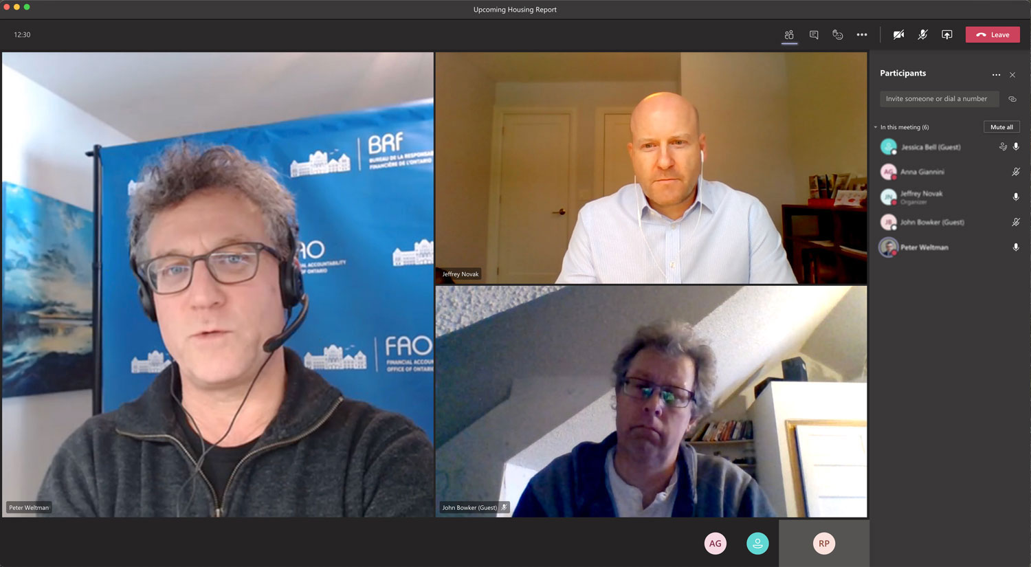 Peter Weltman and the FAO team discussing housing with MPP Jessica Bell (not visible, on audio) and John Bowker